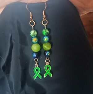 Lovely Green Jadeite and Pearlized Dark Blue Awareness Ribbon Earrings